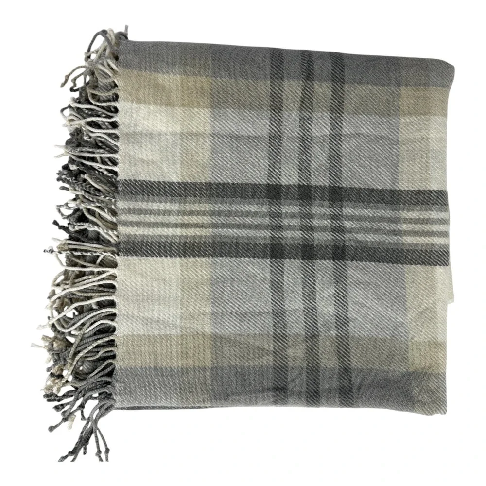 Pottery Barn Grey Beige Tan Plaid Fringe Throw Blanket 50x50 Soft Square